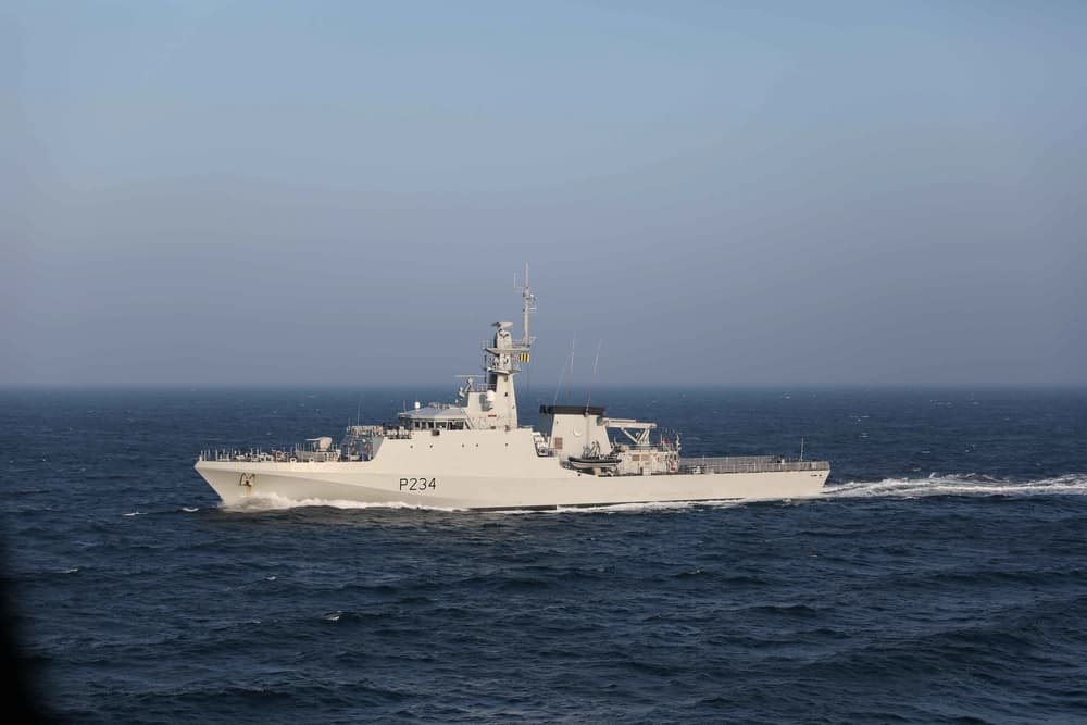 HMS Spey underway in open water